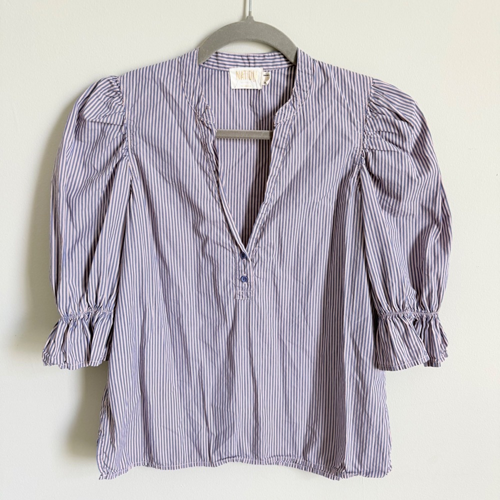 Nation LTD Blue White Striped Pima Cotton Puff Sleeve Henley Blouse XS
